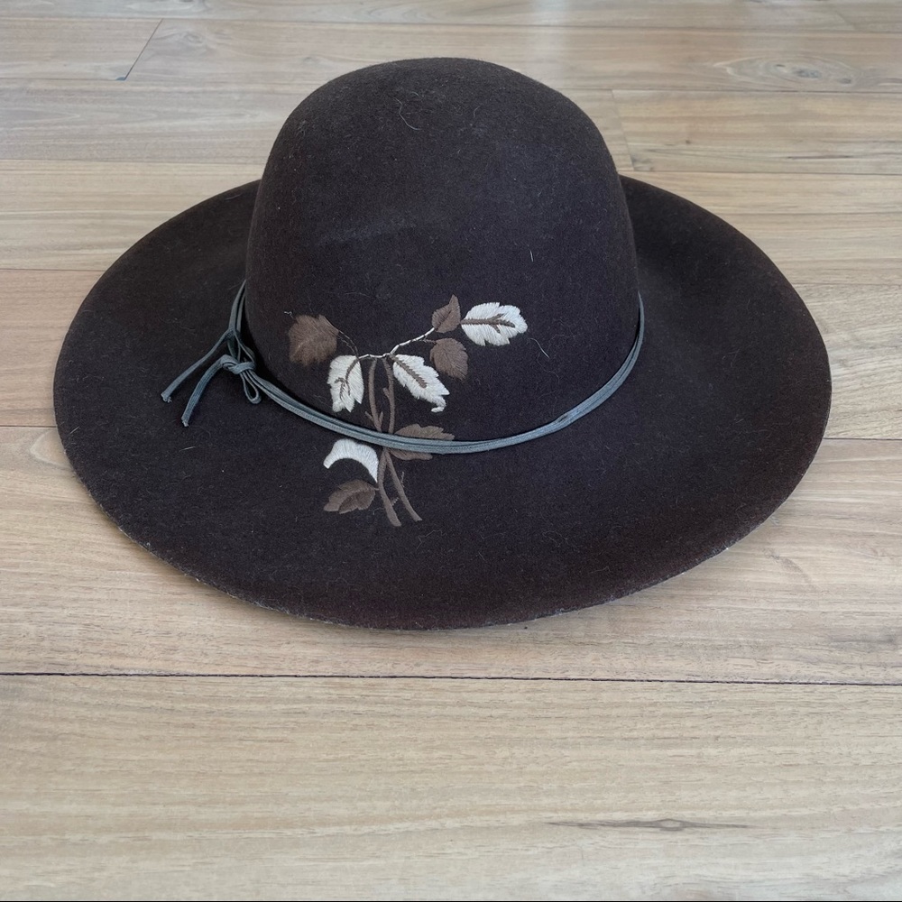 Goorin Bros: Brown Bohemian Felt Floppy Hat with Leaf Embroidery & Leather Tie